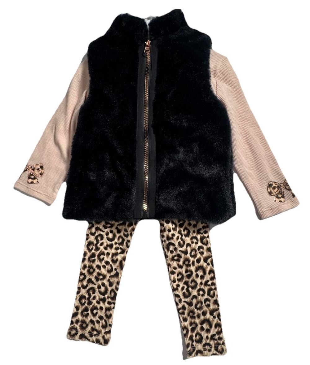 Little Lass 3 Piece Set Faux Fur Vest Leopard Leggings 2T NWT